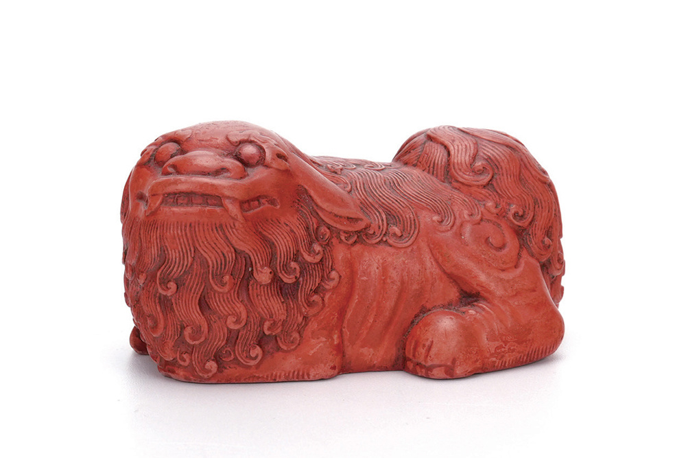 清 朱砂喜獅擺件