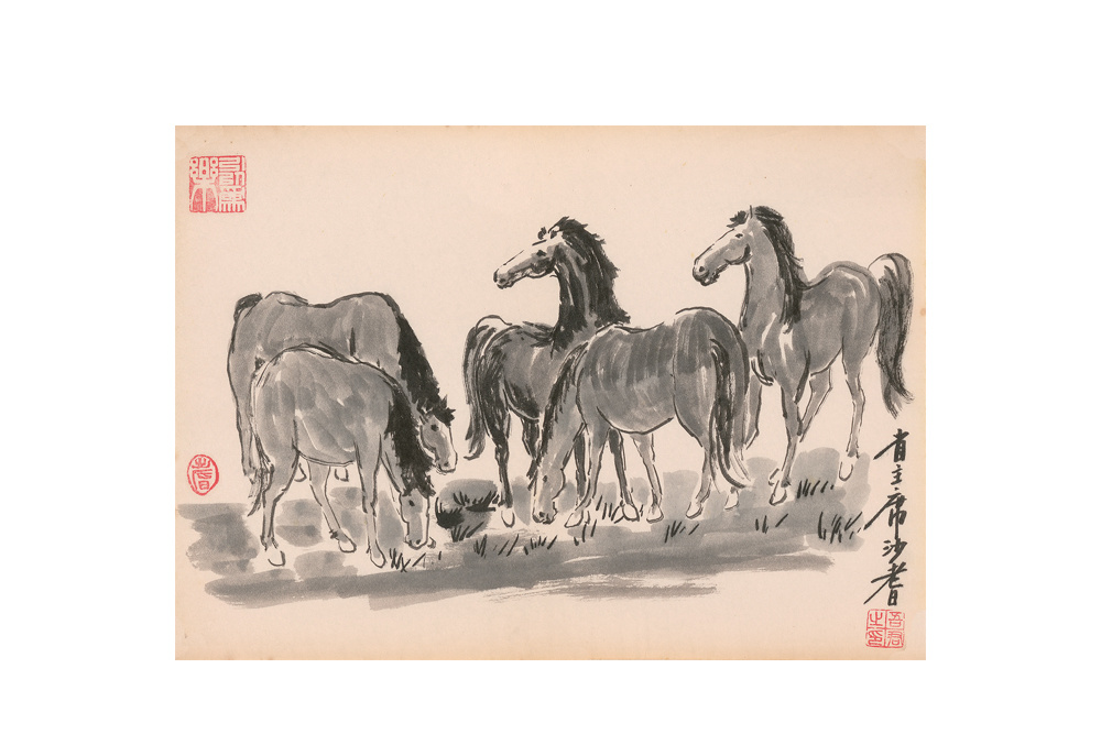沙耆 1914～2005《五馬圖》  水墨紙本小品