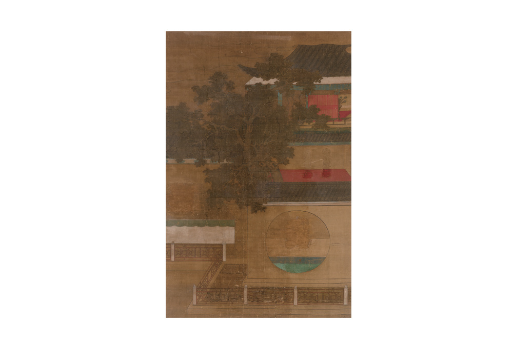 清.1644～1911  佚名 庭園  設(shè)色絹本鏡框