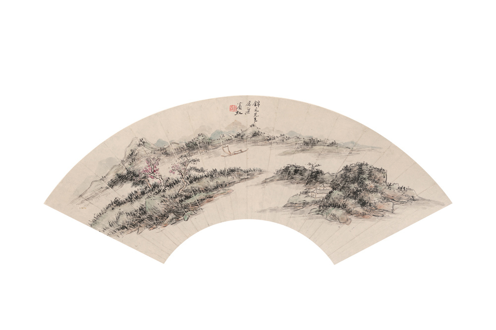 黃賓虹 1865～1955 設(shè)色山水  水墨紙本扇面