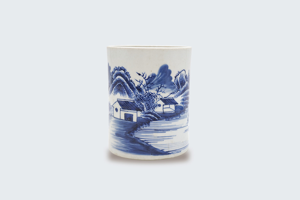 清 青花山水筆筒