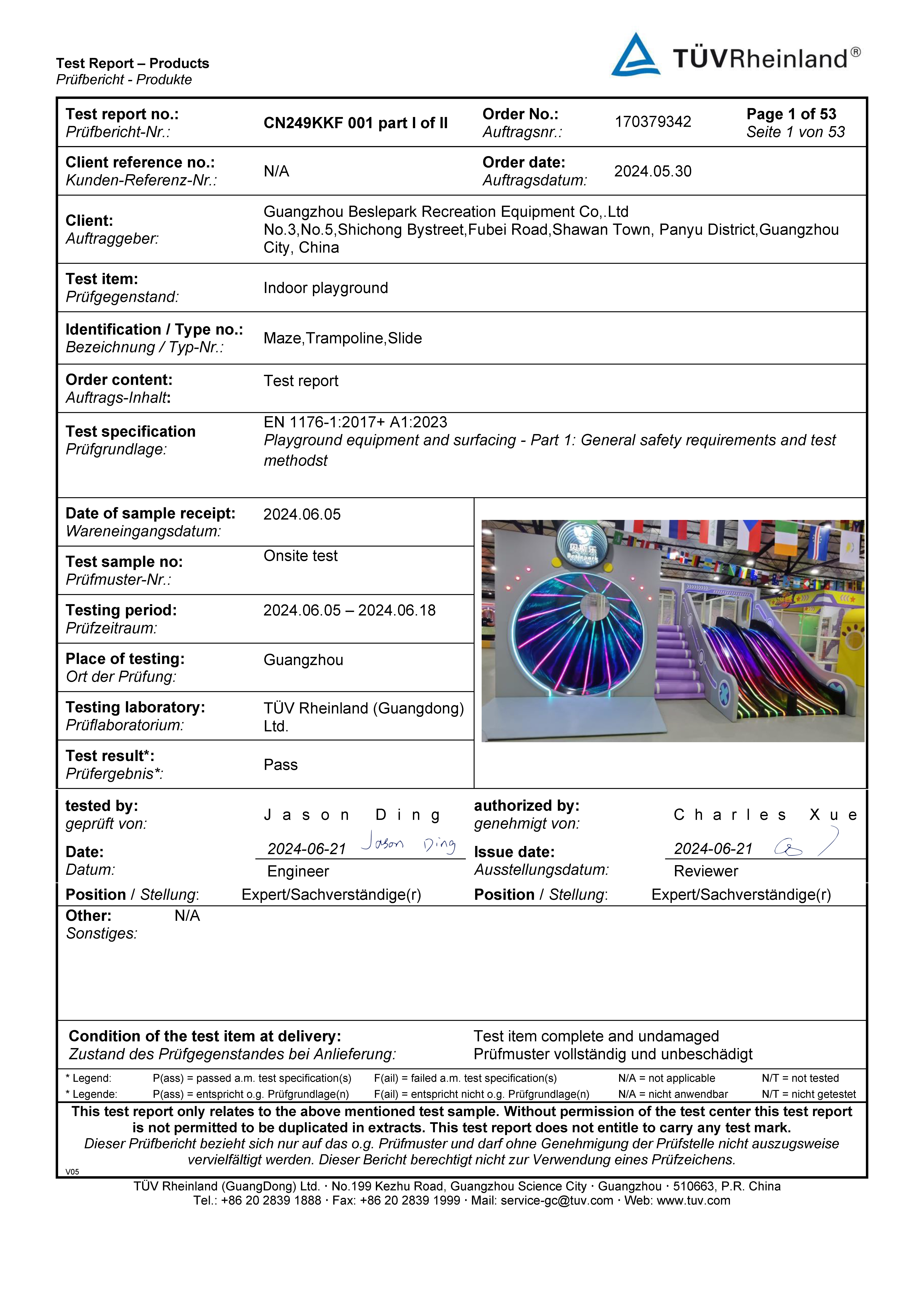 <br>TUV CE TEST REPORT<br> Indoor playground - Maze, Trampoline, Slide EN 1176-1:2017+ A1:2023 Playground equipment and surfacing - Part 1: General safety requirements and test methods Test Result: Pass <br>TUV CE TEST REPORT<br> Indoor playground - Maze, Trampoline, Slide EN 1176-1:2017+ A1:2023 Playground equipment and surfacing - Part 1: General safety requirements and test methods Test Result: Pass