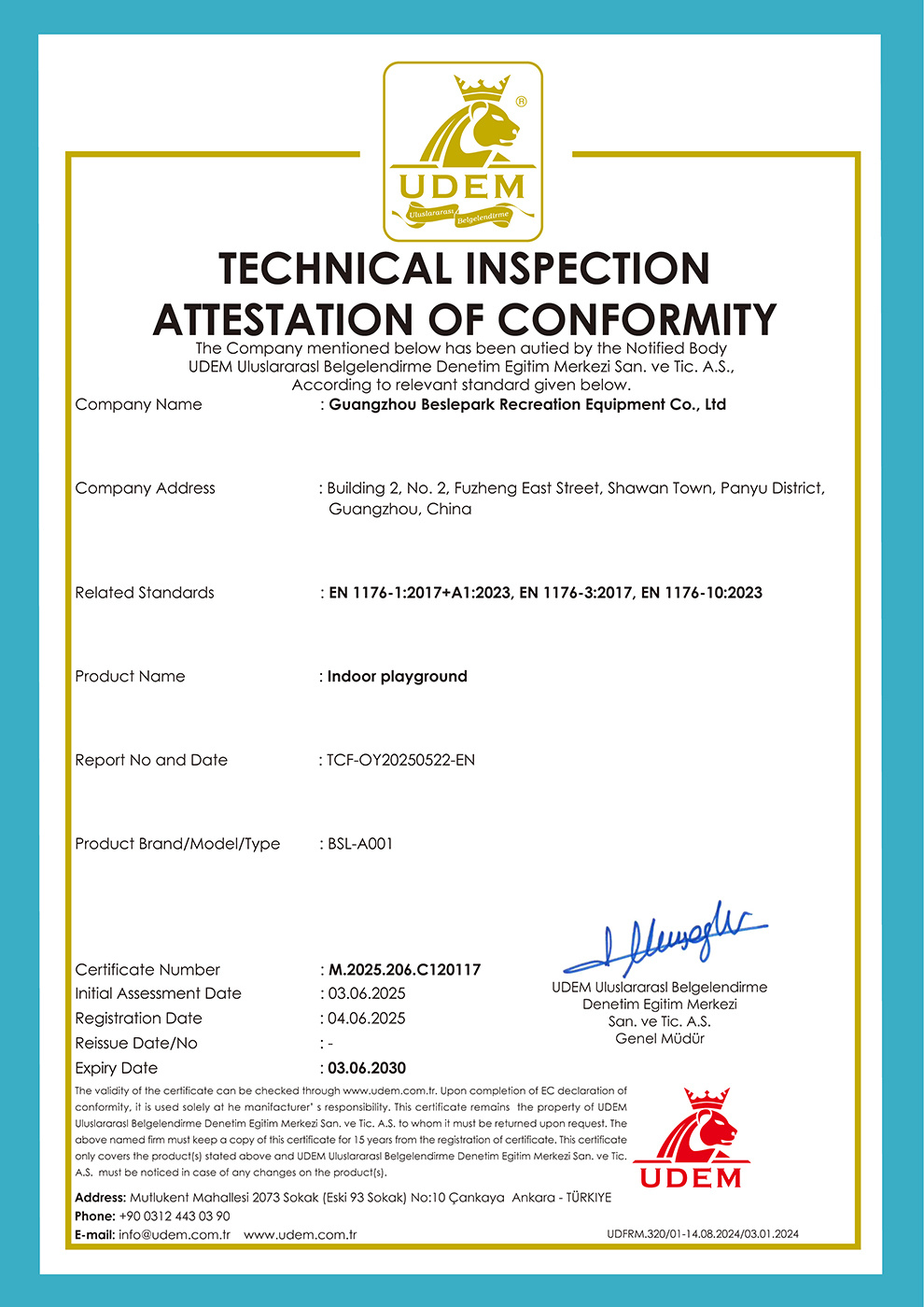<br/> Attestación de Conformidad de la Inspección Técnica de UDEM <br/> Producto: Parque infantil interior <br/> Attestación de Conformidad de la Inspección Técnica de UDEM <br/> Producto: Parque infantil interior