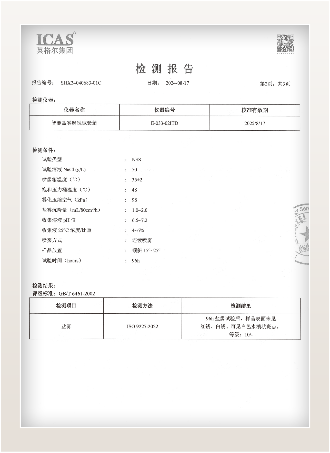 96h鹽霧測試