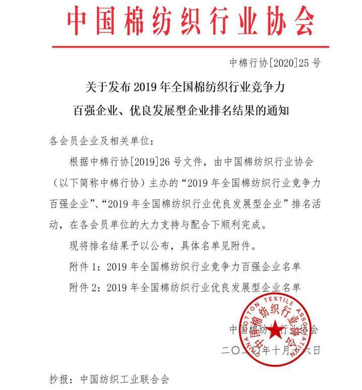 2019 National Cotton Textile Industry Competitive Top 100 Enterprises