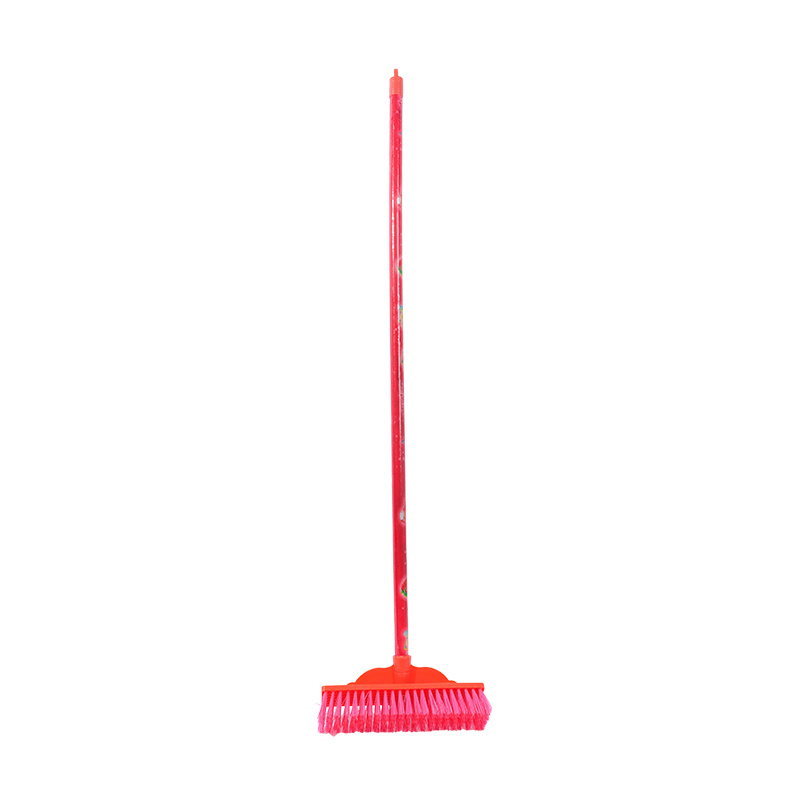 Qizheng Long-Handled Plastic Red Floor Brush, 24cm Broom Head with 1.0m Wooden Handle