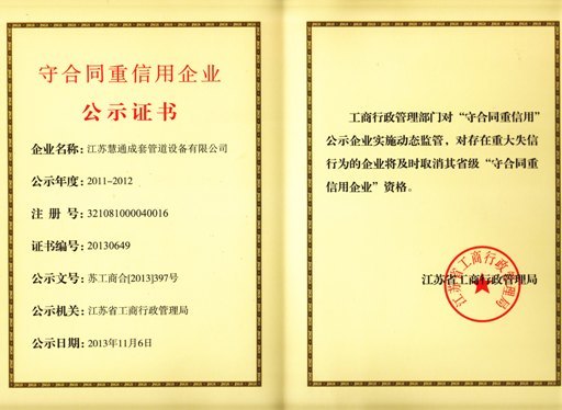 經(jīng)江蘇省政府辦公廳批復(fù)([2013]政字778號(hào))同意，依據(jù)《江蘇省守合同重信用企業(yè)公示辦法》，經(jīng)各級(jí)工商部門推薦，省有關(guān)部門征信，第三方信用評(píng)估機(jī)構(gòu)測(cè)評(píng)，我公司被評(píng)為江蘇省“守合同重信用企業(yè)”。