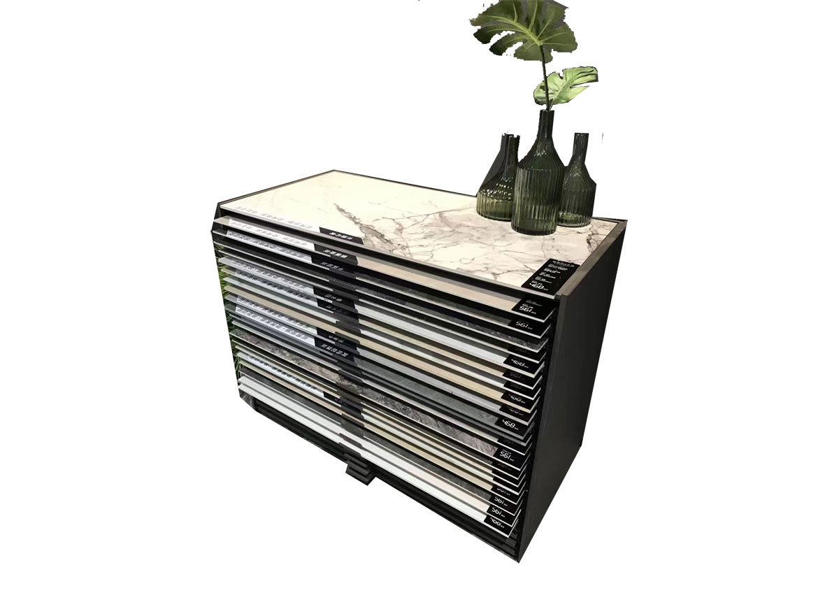 Drawer style ceramic tile wood floor quartz metal sliding display cabinet
