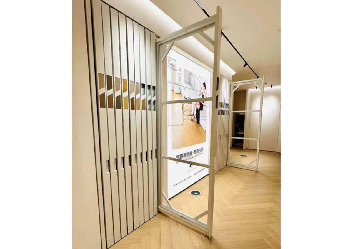 Custom wooden door ceramic tile wooden floor cabinet sliding display rack push-pull display racks