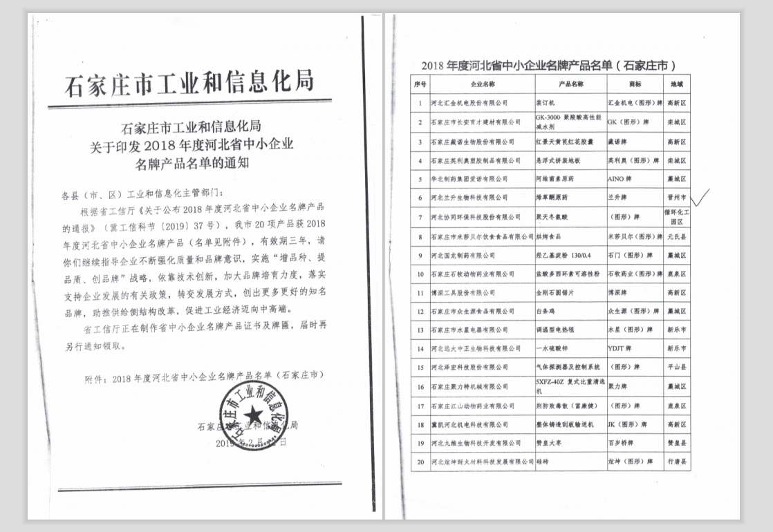 河北省中小企业名牌产品