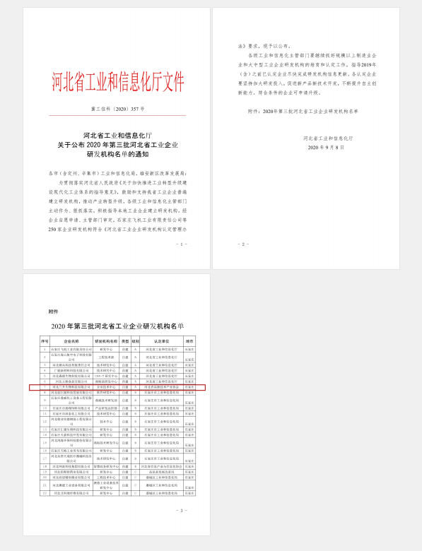 2020年第三批河北省工业企业研发机构名单