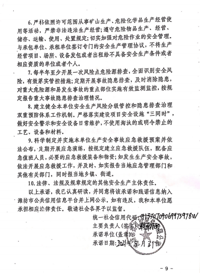 潍坊市生产经营单位安全生产信用承诺书