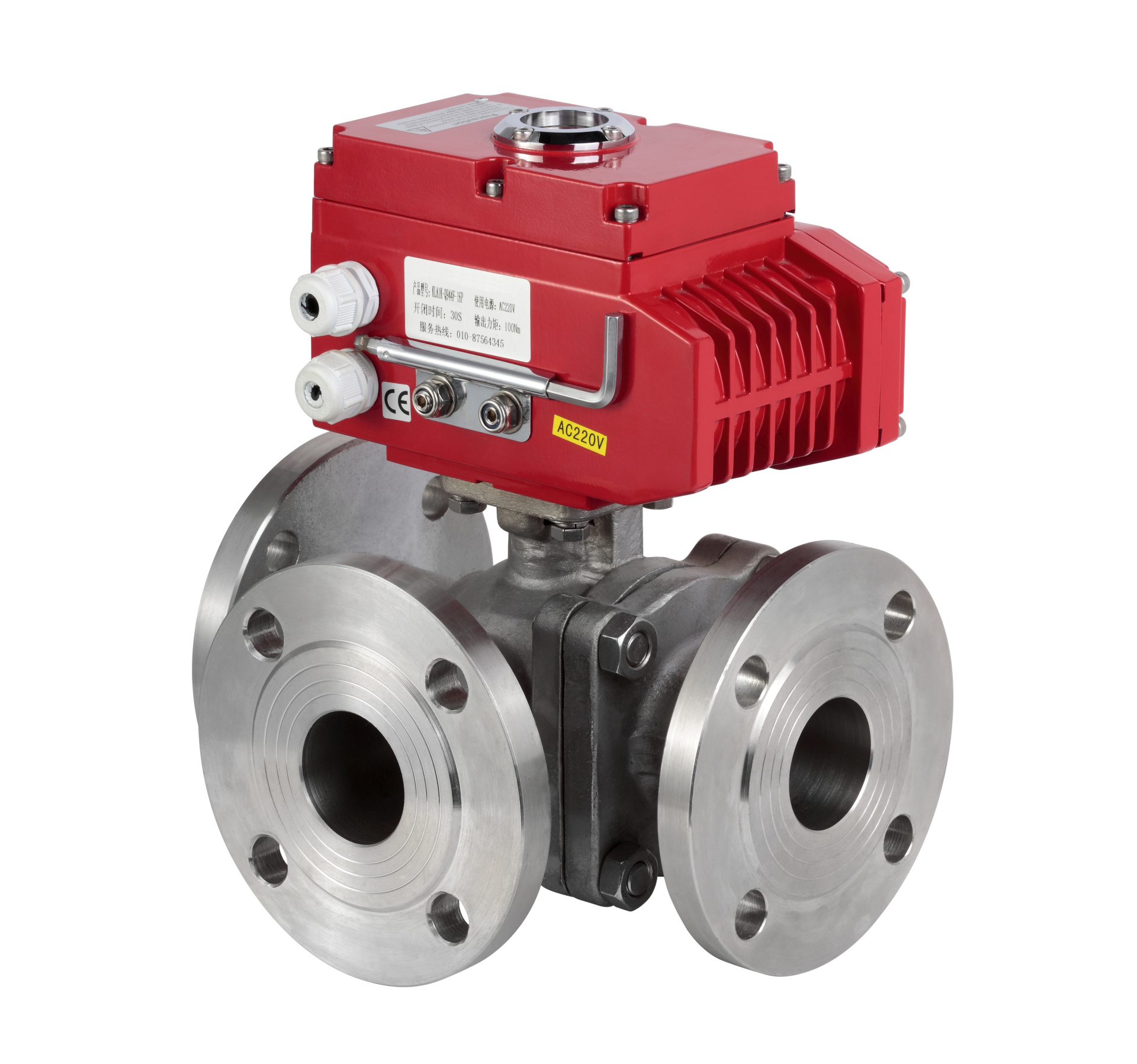 Electric three-way flanged ball valve