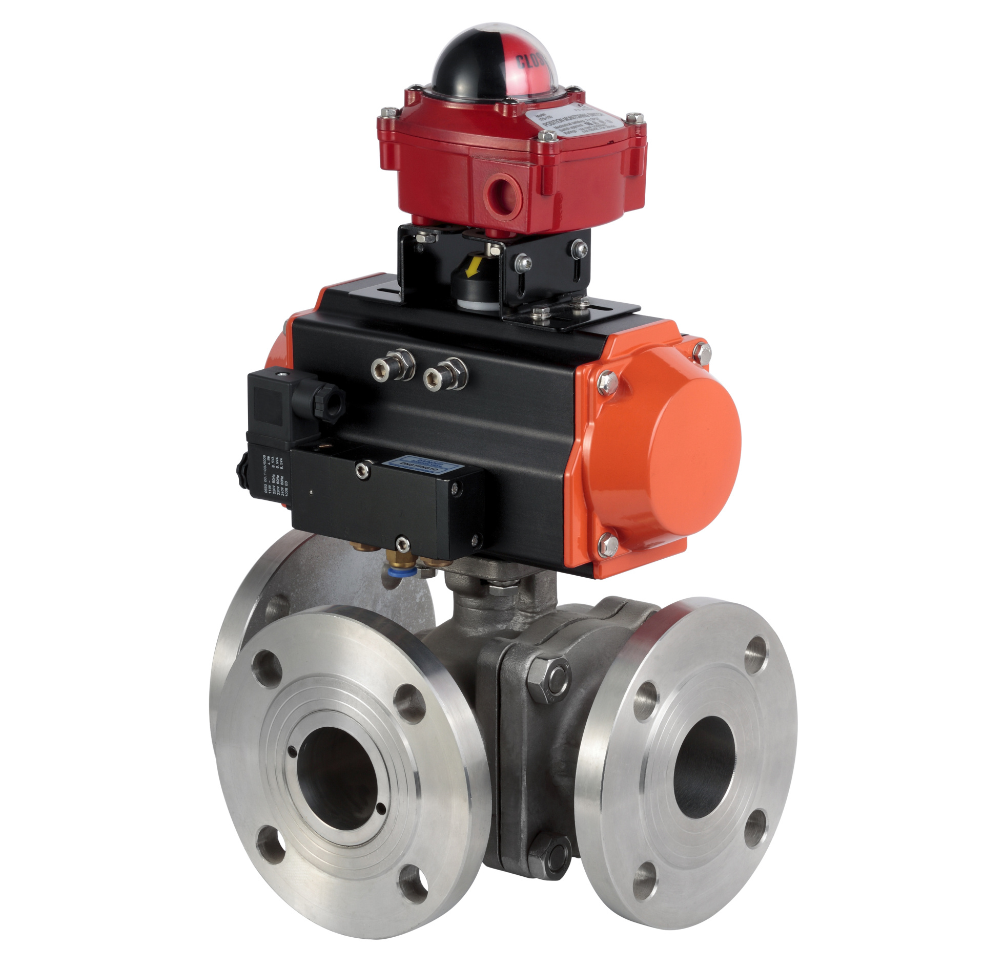 Pneumatic three-way flanged ball valve