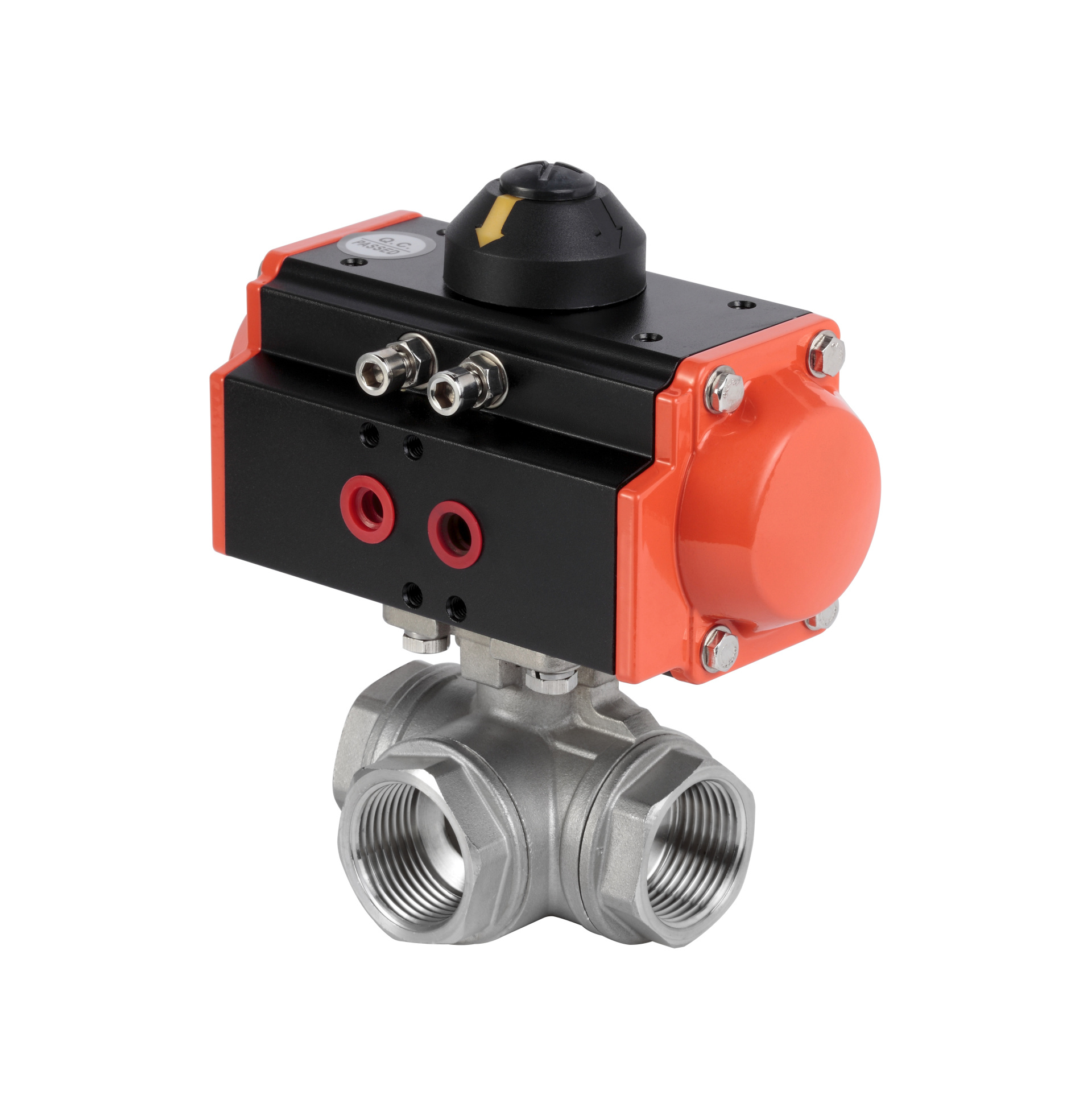 Pneumatic three-way threaded ball valve