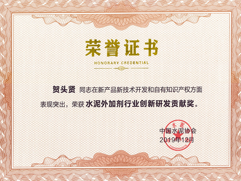 水泥外加剂行业创新研发贡献奖(贺头贤) 水泥外加剂行业创新研发贡献奖(贺头贤)