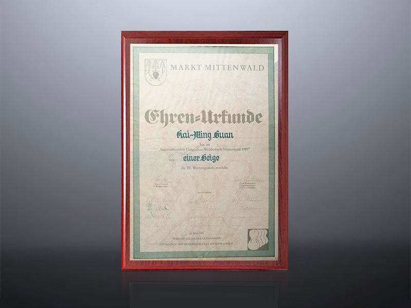 1989 Award from Mittenwald, Germany