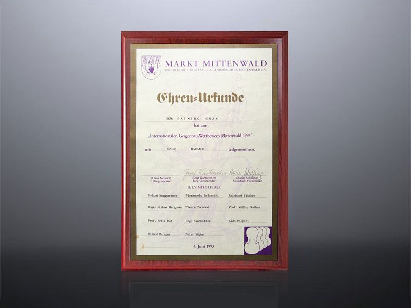 1993 German Mittenwald Award Certificate