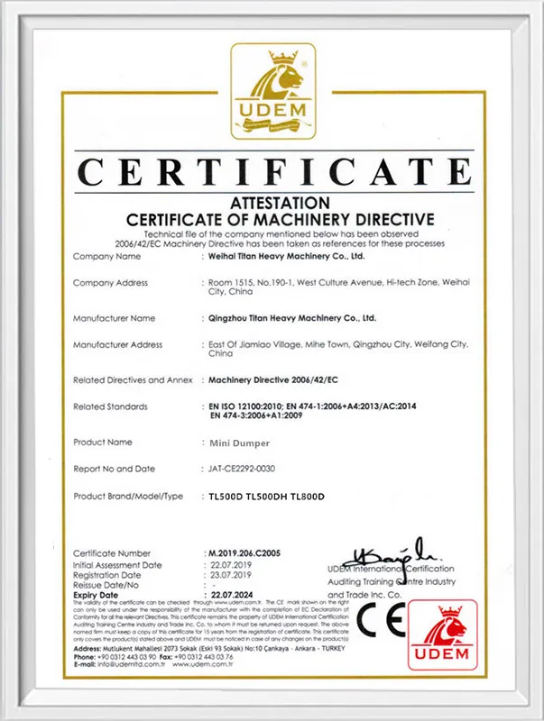 Titan CE Certificate of Mini Dumper