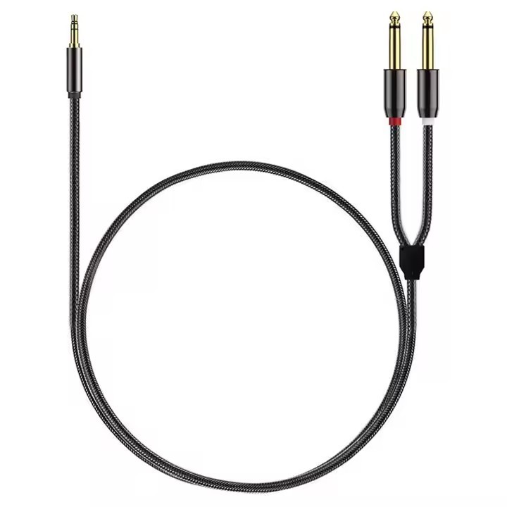 3.5mm 1/8 inch TRS male to dual 6.35mm 1/4 inch TS male mono stereo Y-cable splitter, used for amplifiers/mixers and recording devices.