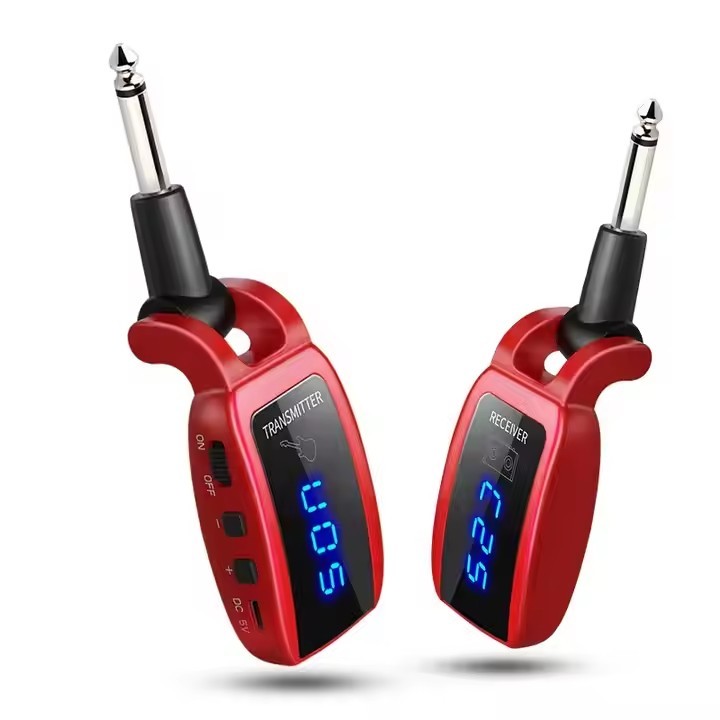 Wireless transmitter and receiver for electric guitar, audio transmission and reception for wind instruments.