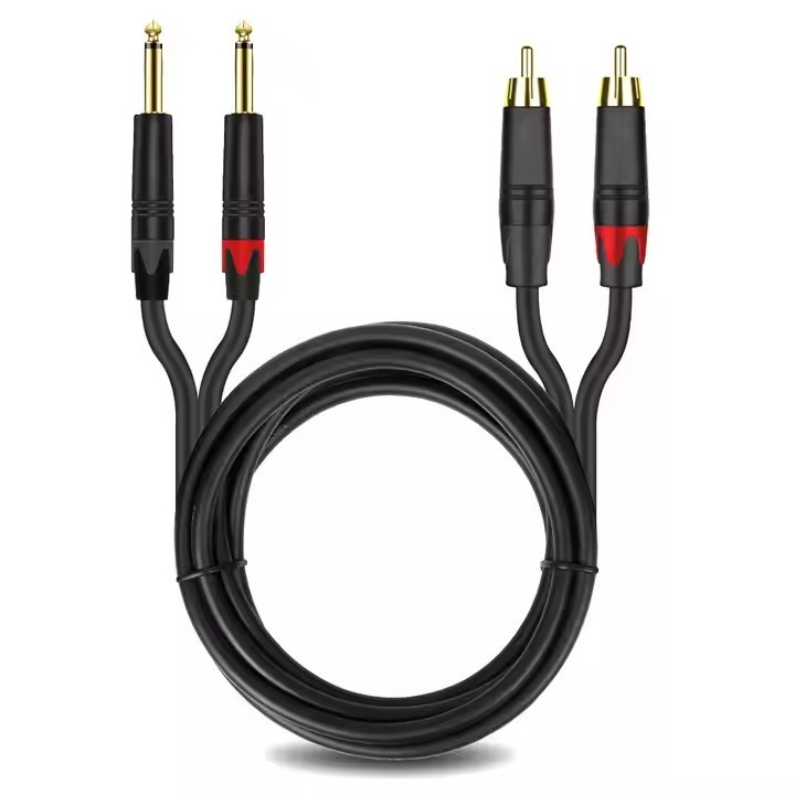 Hot-selling dual 6.35mm mono to 2RCA male gold-plated speaker audio cable 2 to 2 mixer power amplifier microphone cable 1M OEM