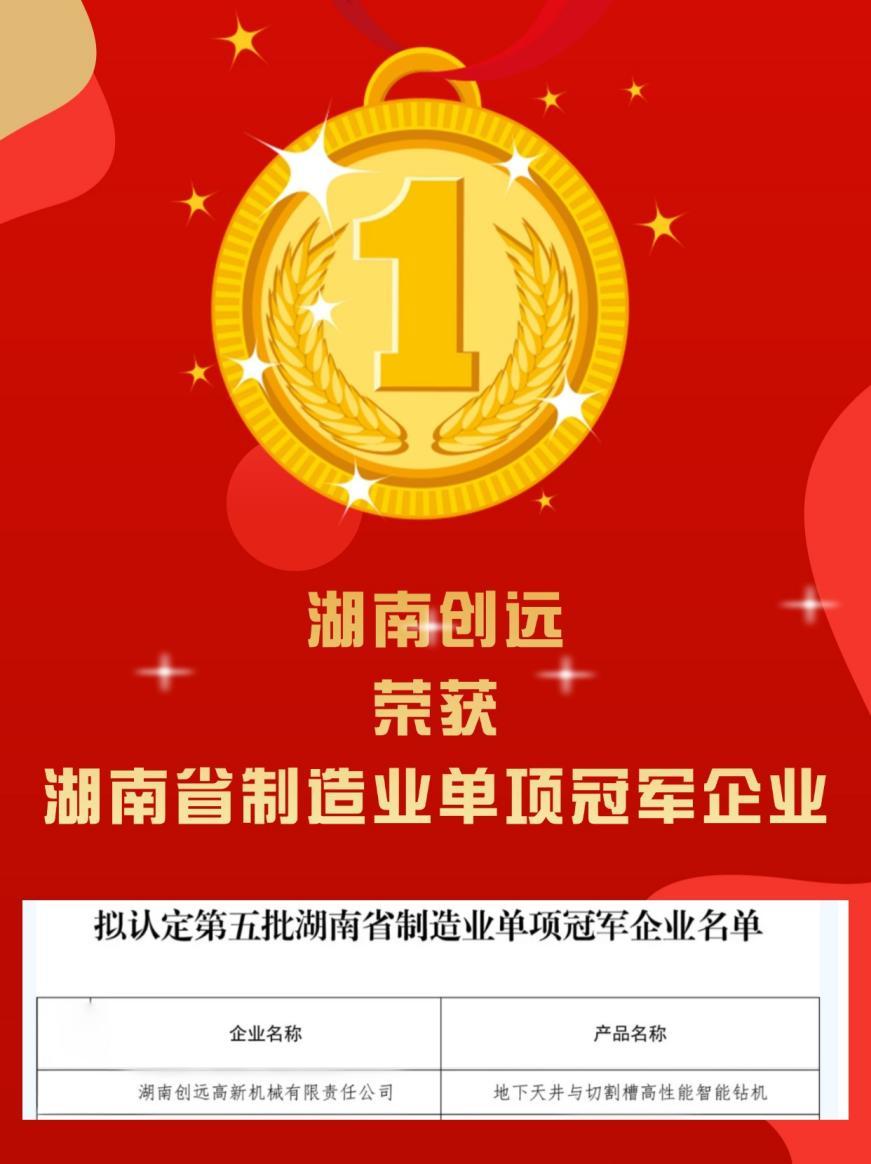 冠军认证！湖南创远荣获“湖南省制造业单项冠军企业”