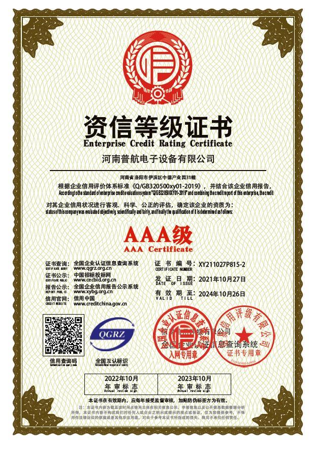 AAA級(jí)資信等級(jí)證書