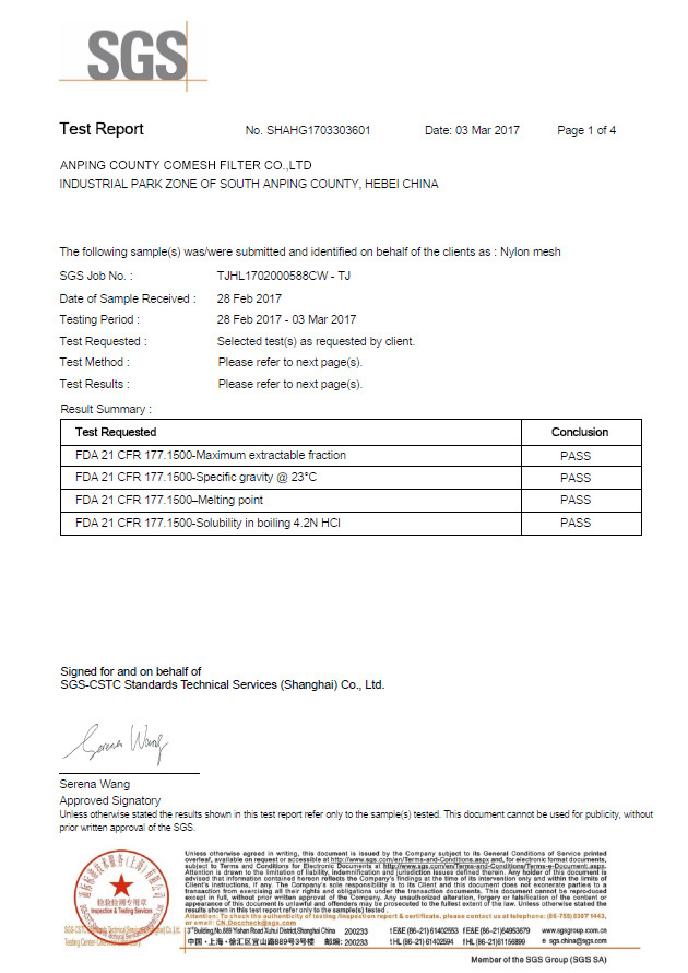 FDA for Nylon Filter Mesh