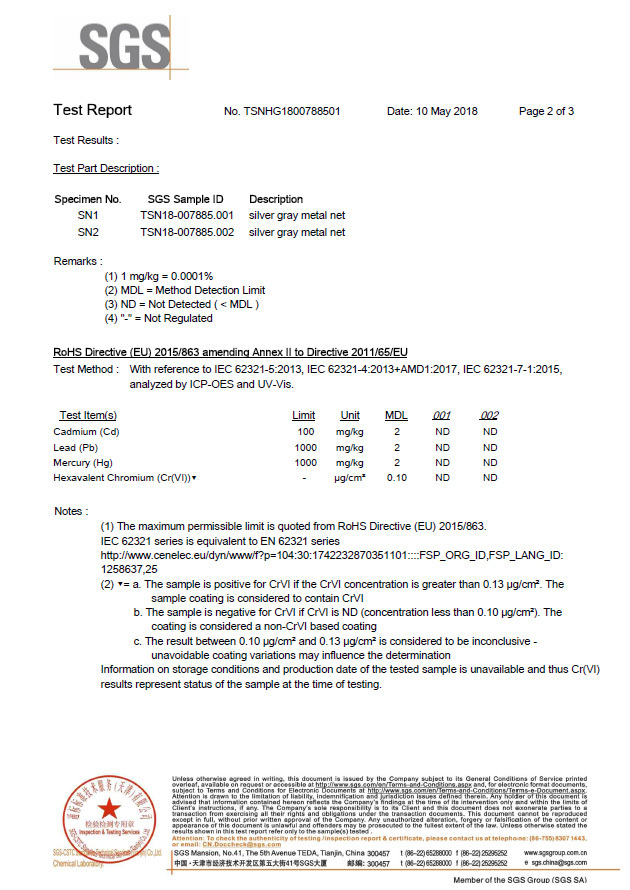 SGS rosh4  report for Stainless Steel Mesh