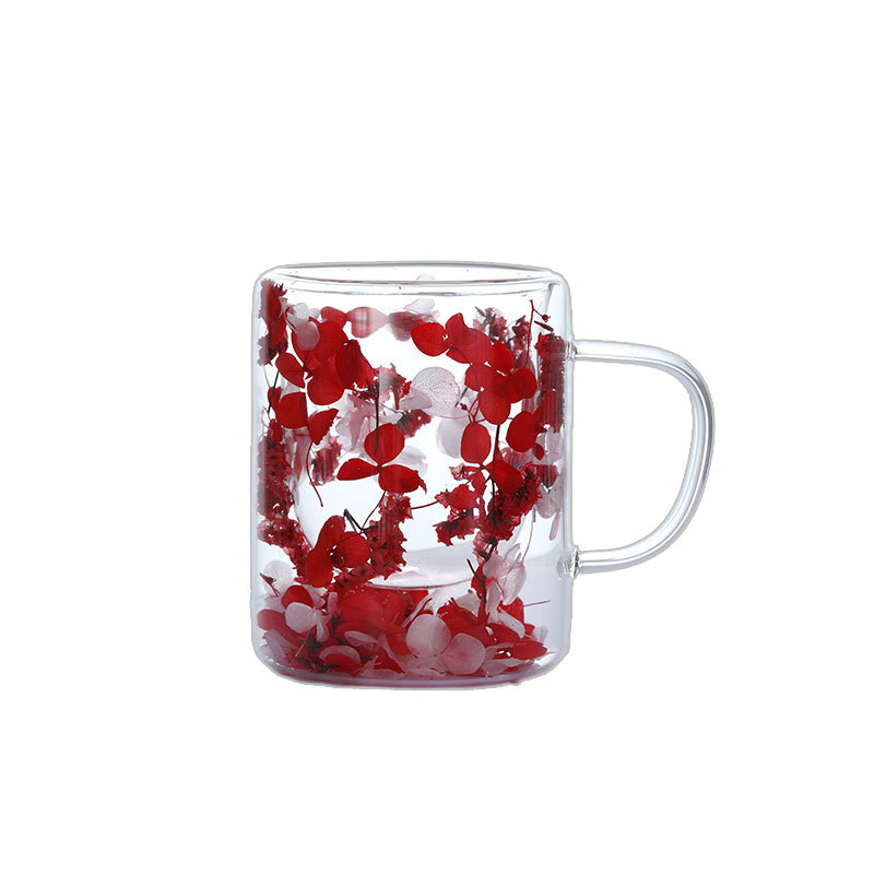 Double-layer glass cup with dried flowers