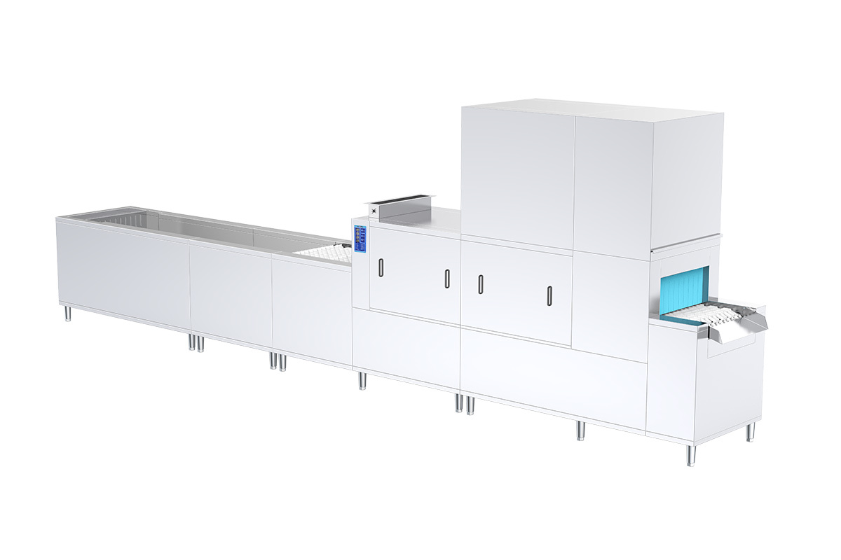 Multi-integrated flight type dishwasher with food remains removal, sorting and drying