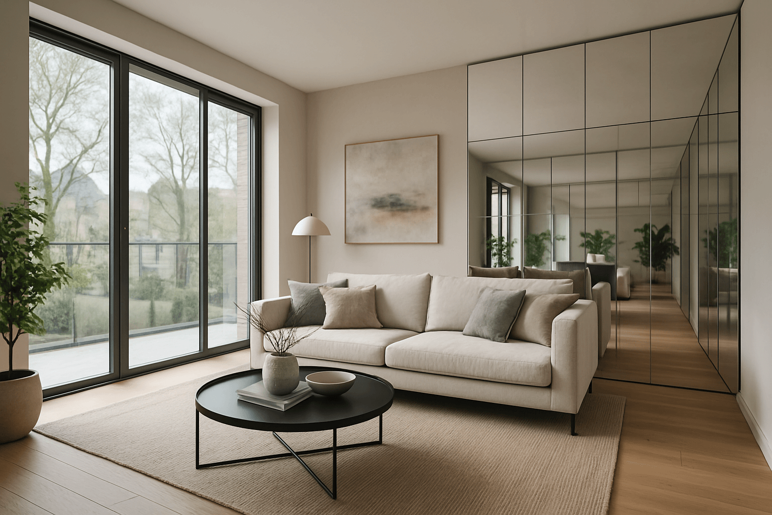 modern living room with mirrored glass