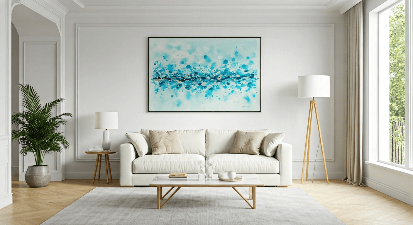 living room with large glass painting
