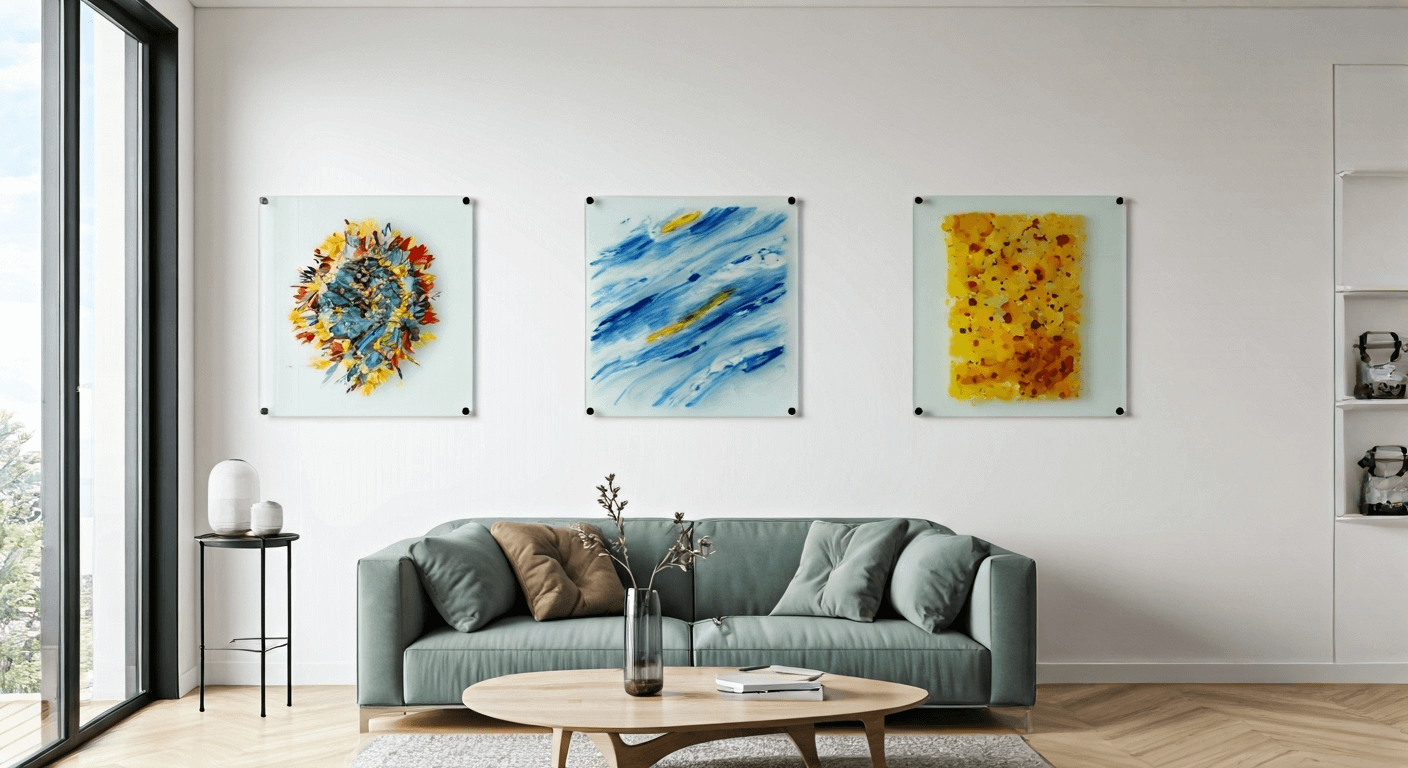 modern room with glass paintings