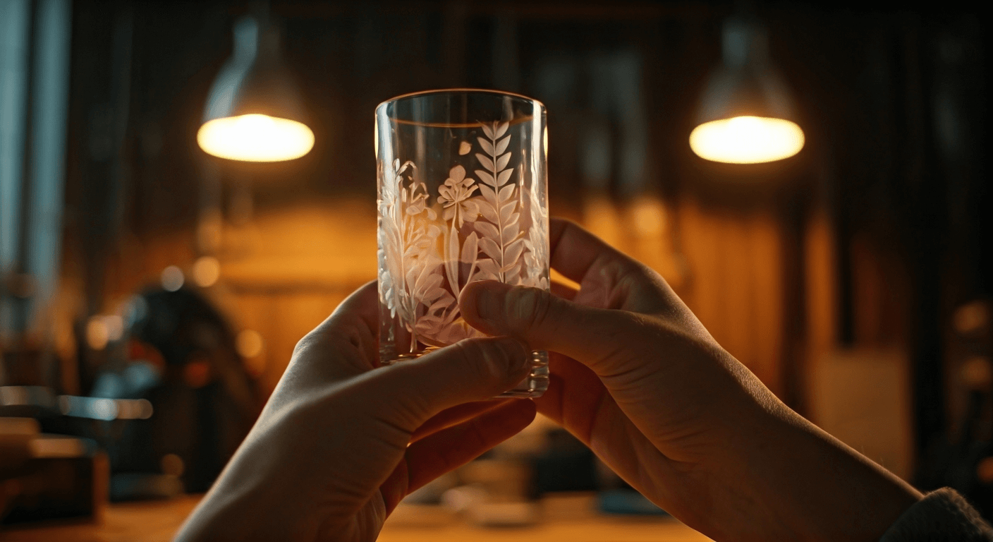 Hands holding etched glass art