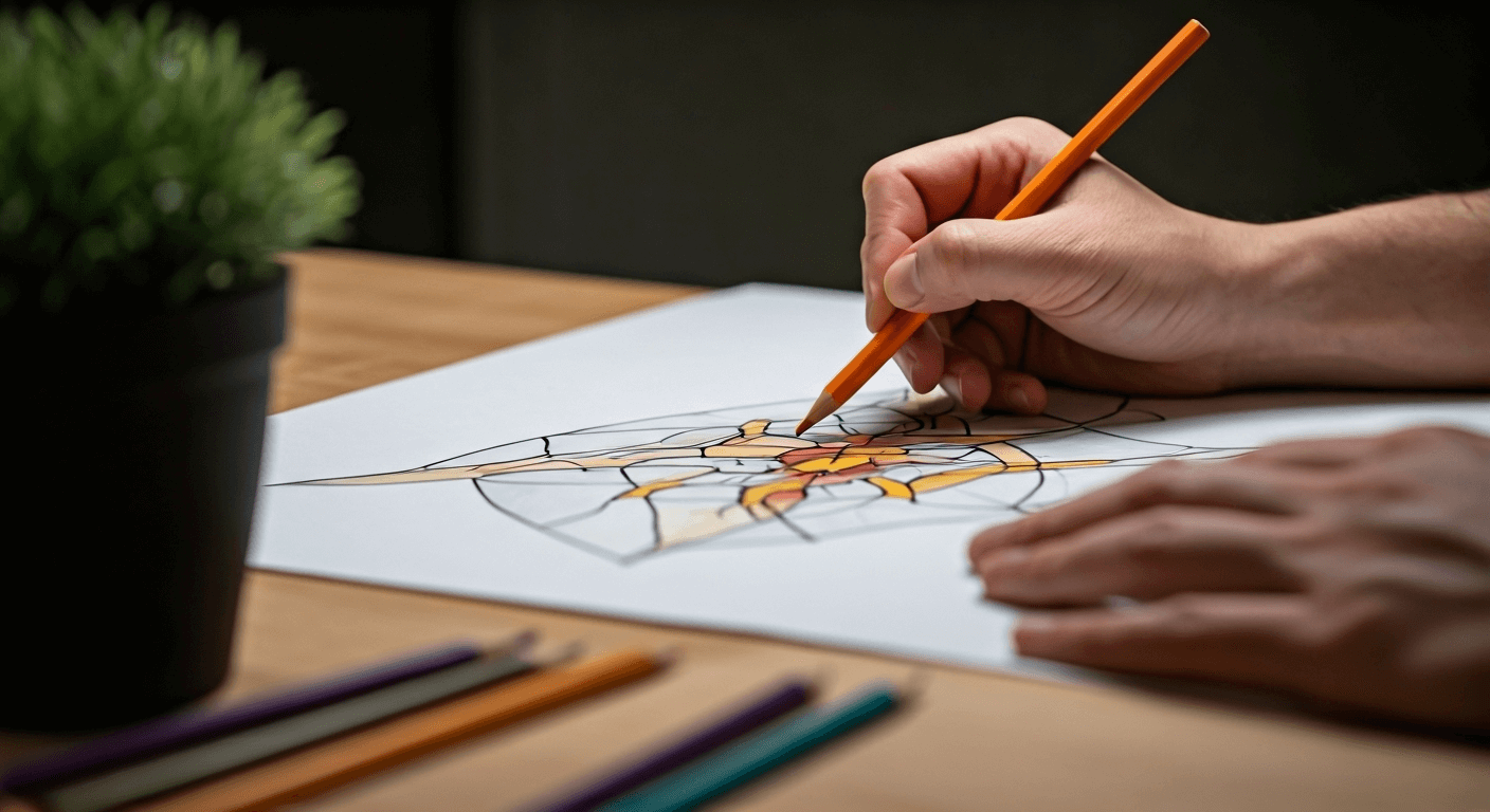 Hands sketching stained glass design