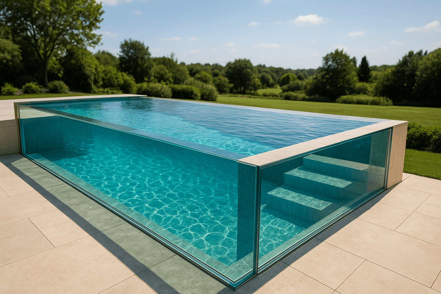 Reinforced glass pool wall close-up