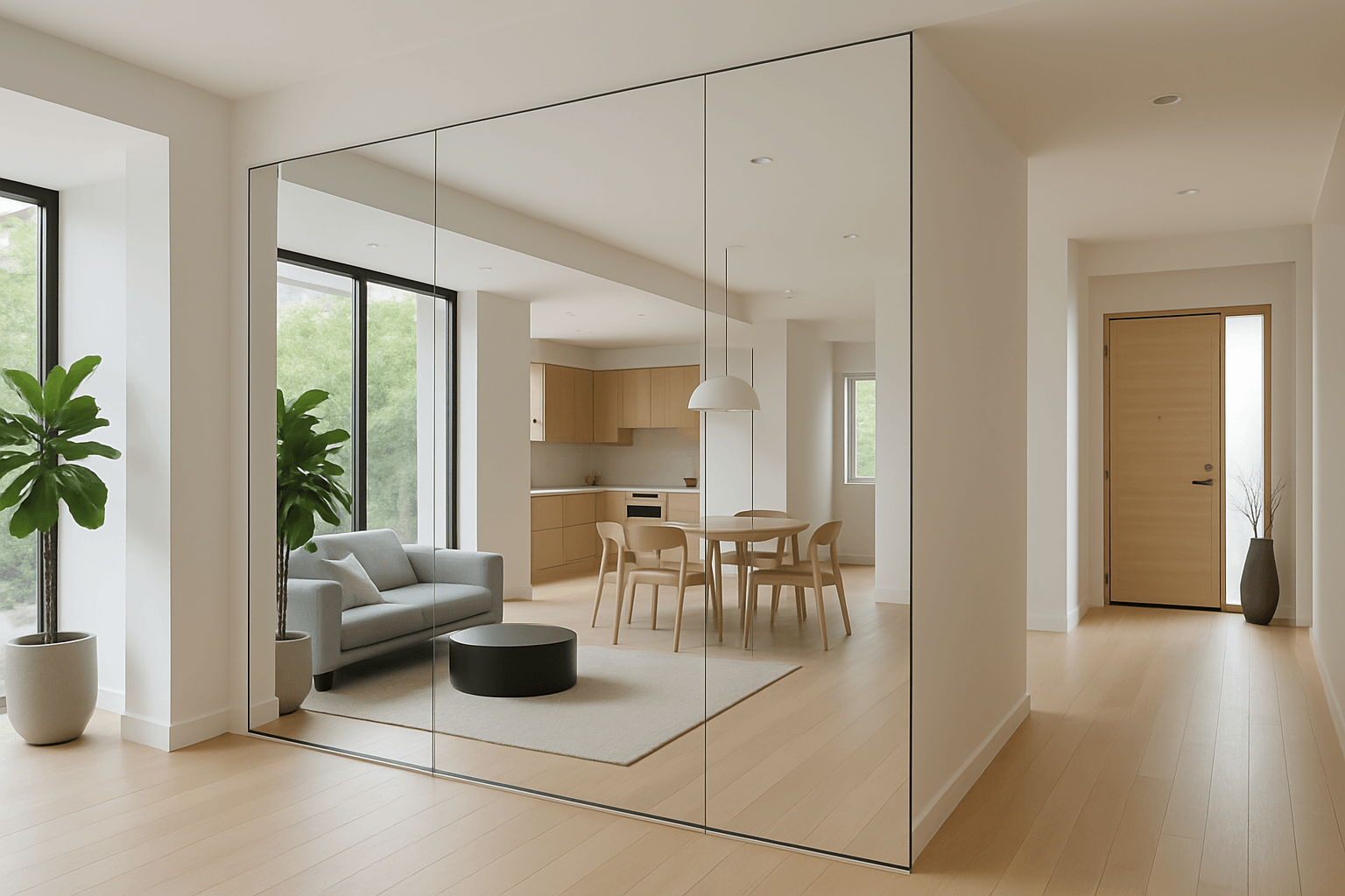mirrored glass wall in modern interior