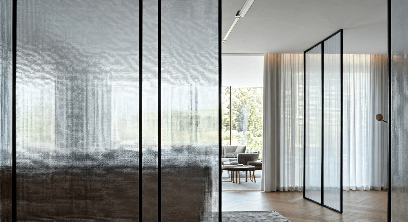 modern living room with decorative glass panels