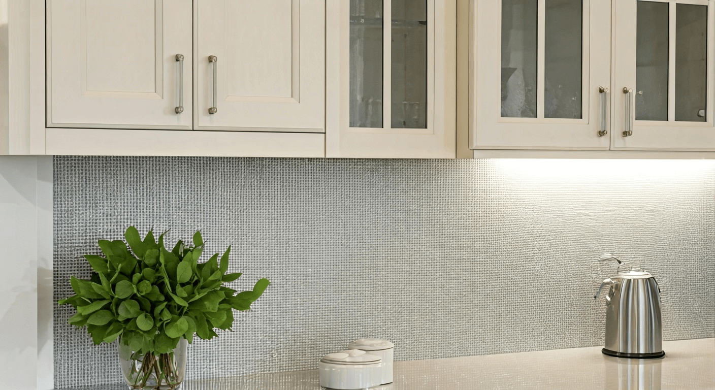 kitchen with glass backsplash and cabinets