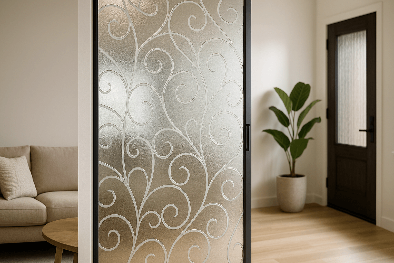modern living room with decorative glass panels
