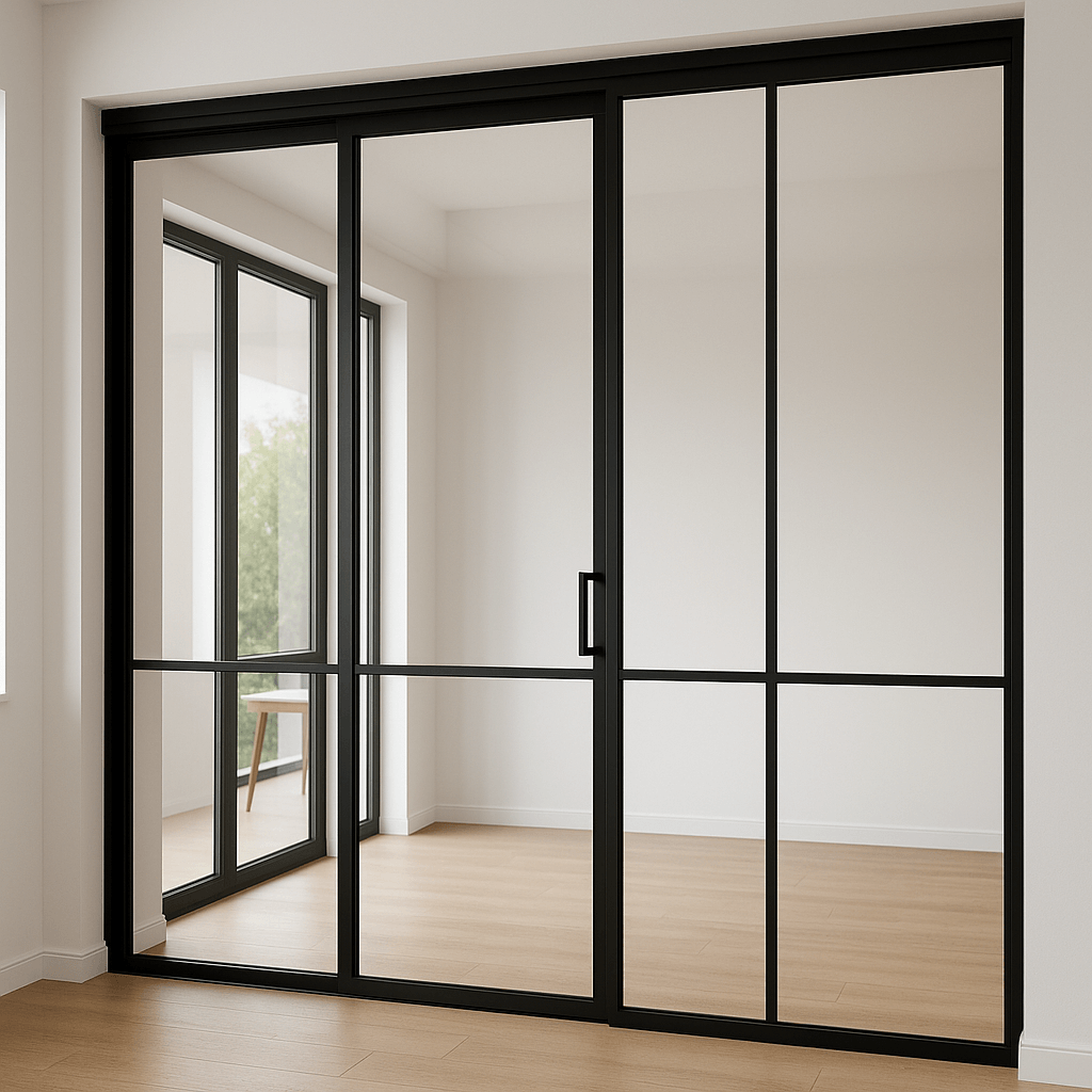 Modern living space with glass sliding door
