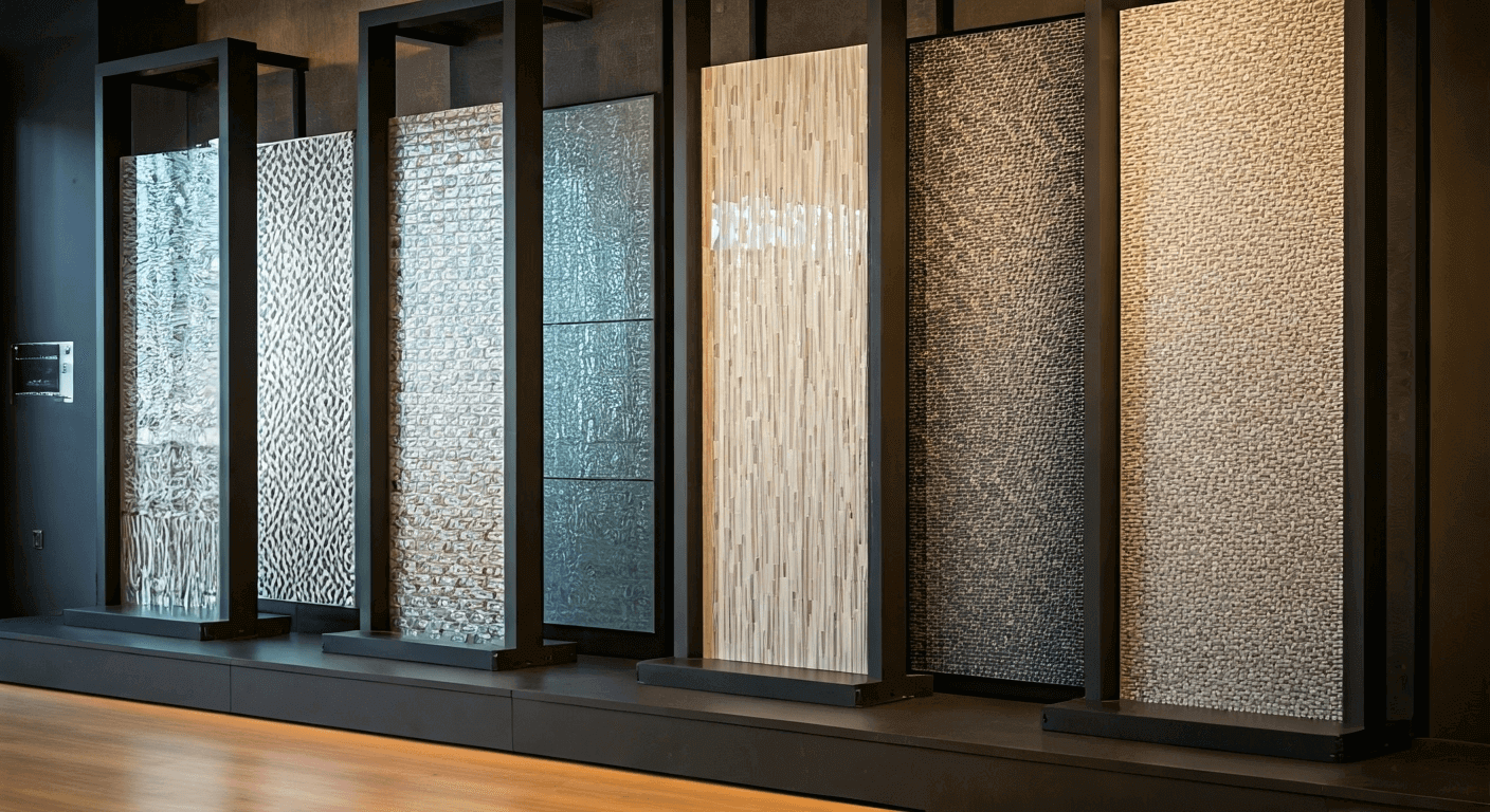 Patterned glass panels in showroom