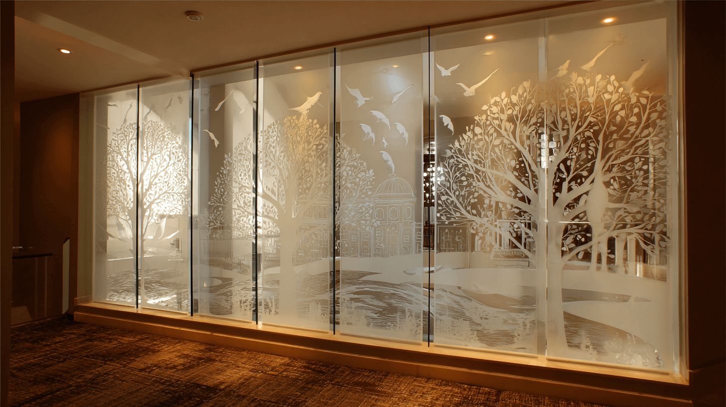 Room with custom etched glass panels