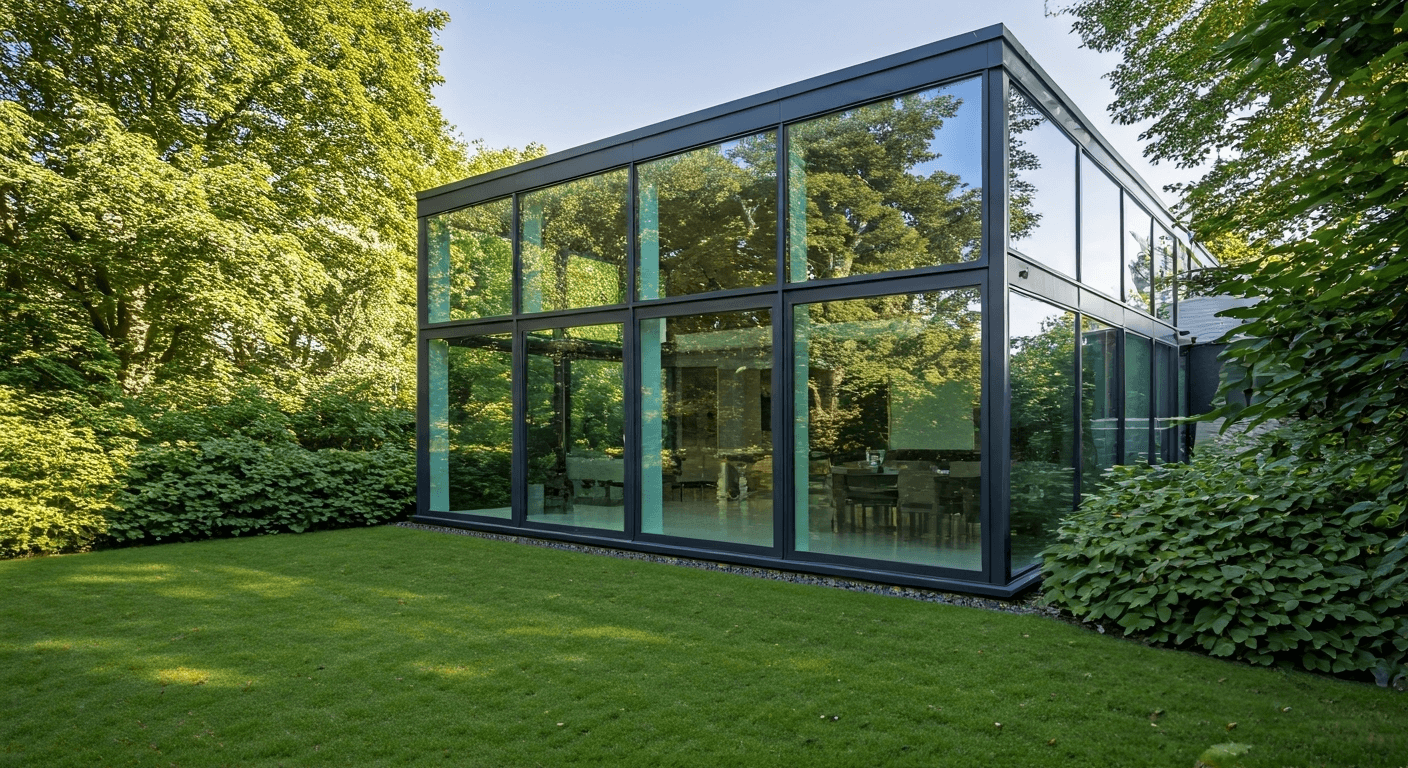 Modern glass house in nature