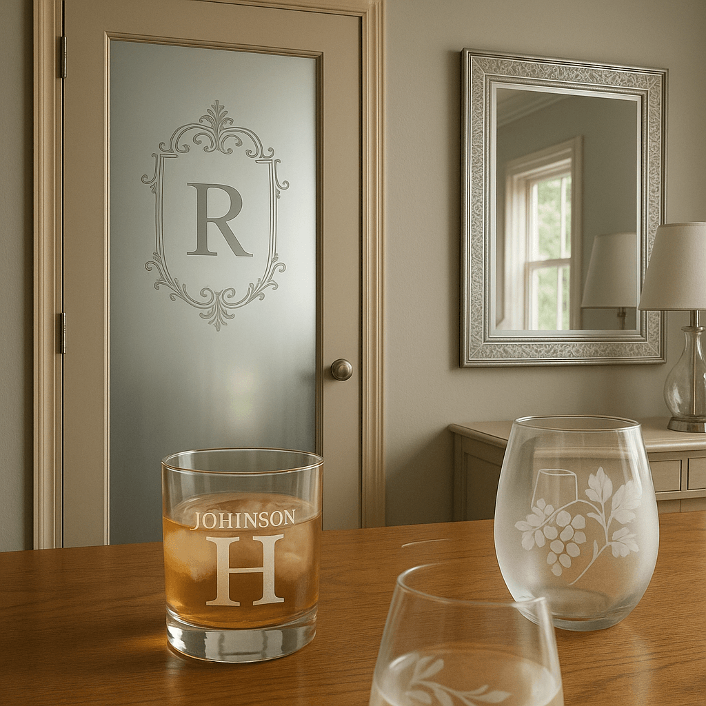 Etched glass doors in hallway