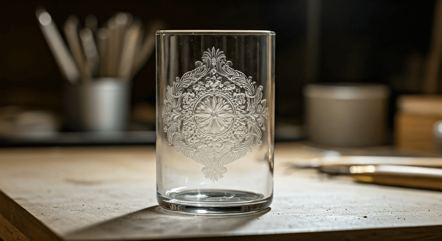 Etched glass with tools on table