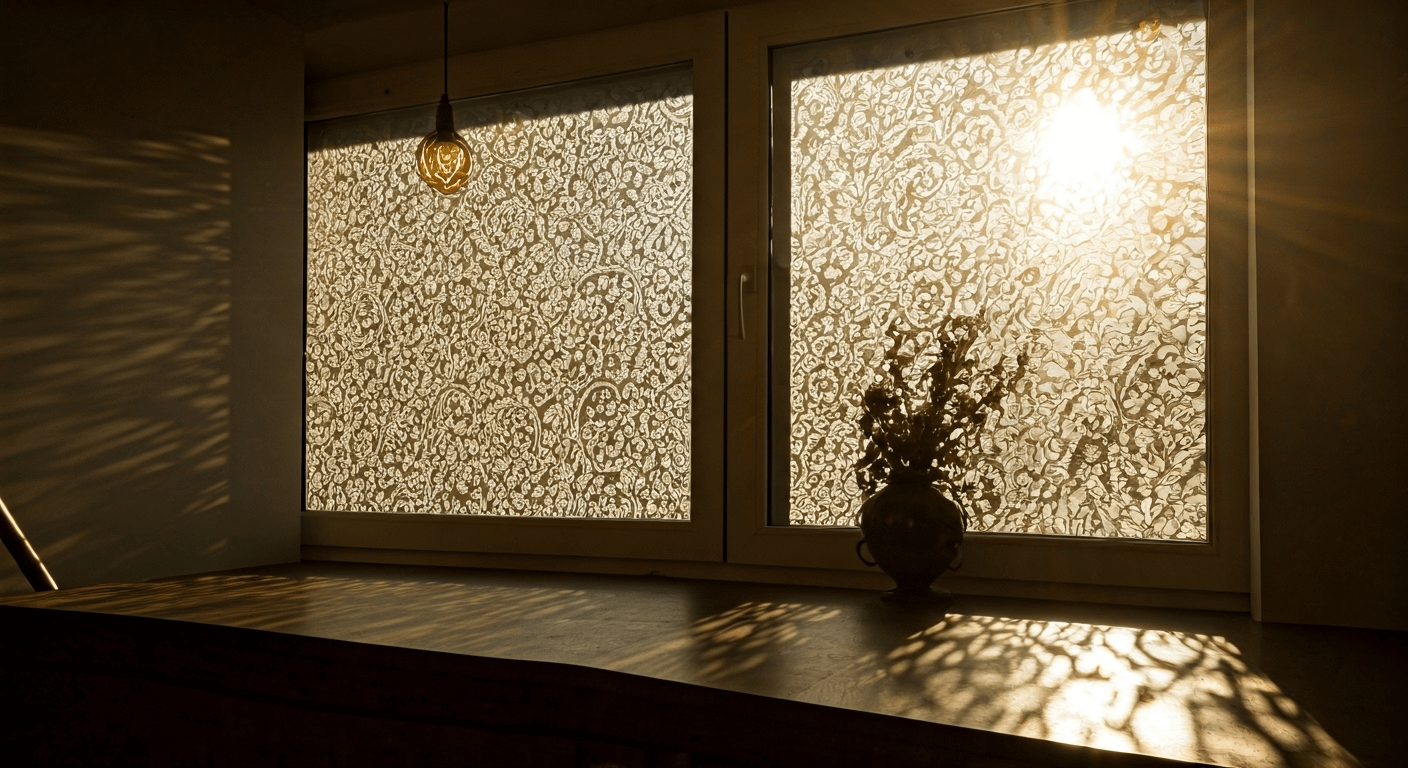 Etched window with nature motifs