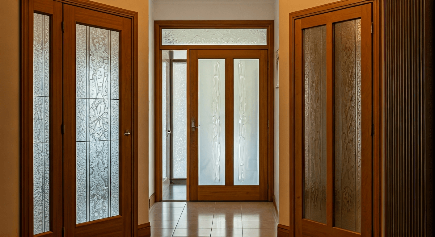 Etched glass doors in hallway